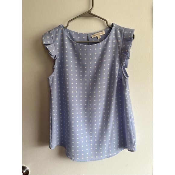 Monteau Womens Medium Blue and White Polka Dot Cap Sleeve Blouse NEW - Picture 1 of 3